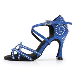 Women's Blue Rhinestone Satin Customized Heel Latin Dance Shoes
