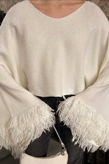 Knit Fringed Cuffs Flare Sleeve Loose Fit Sweater-Beige