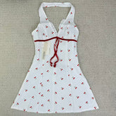 Deep V button-down backless cherry-neckline dress