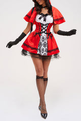 Lace Up Cinch Waist Colorblock Mini Dresses Hooded Shawl Halloween Set-Red