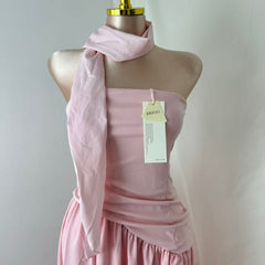 Pink-belted strapless dress