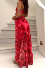 Pattern Print Sash Cut Out Halter Crop Top Vacation Mini Skirt Matching Set