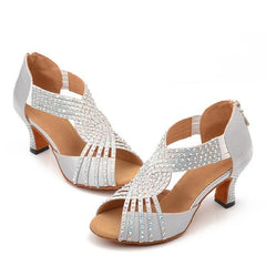 Women's Silver Customized Heel Strappy Satin Rhinestones Sandal Bride Dance Shoes