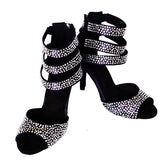 Women's Satin Black Rhinestone Customized Heels Dance Boots Salsa Dance Shoes