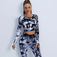Women's Tie-Dye Long Sleeve Stretch Yoga Tights Fitness Sets