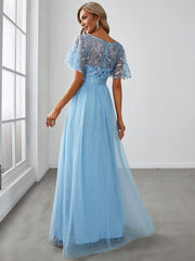 Women's Elegant Embroidered A-Line Floor Length Evening Dress