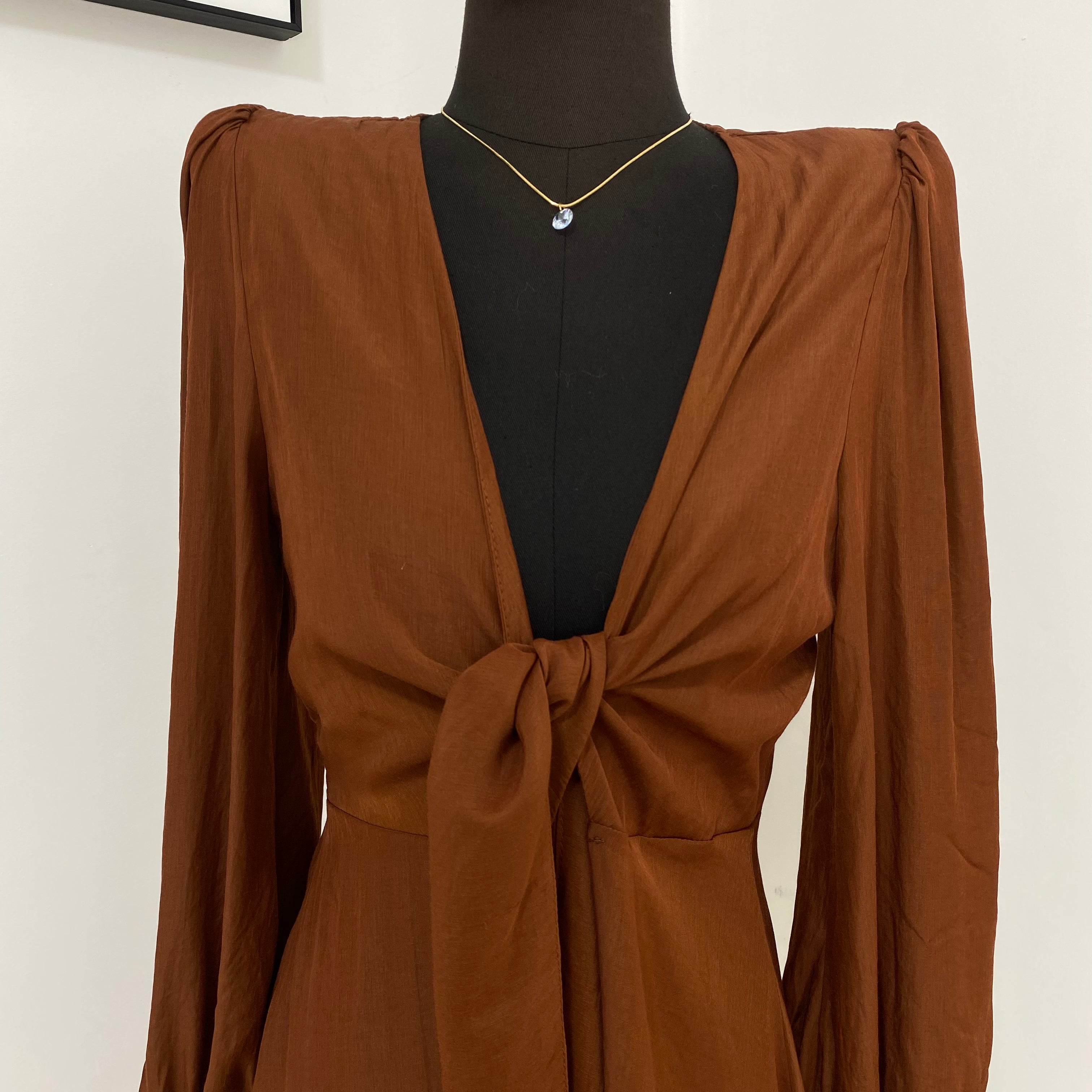 Lantern Sleeve V-Neck Tie Dress