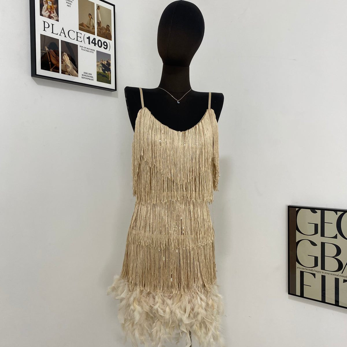 Fringed Sequined Feather Panel Dress