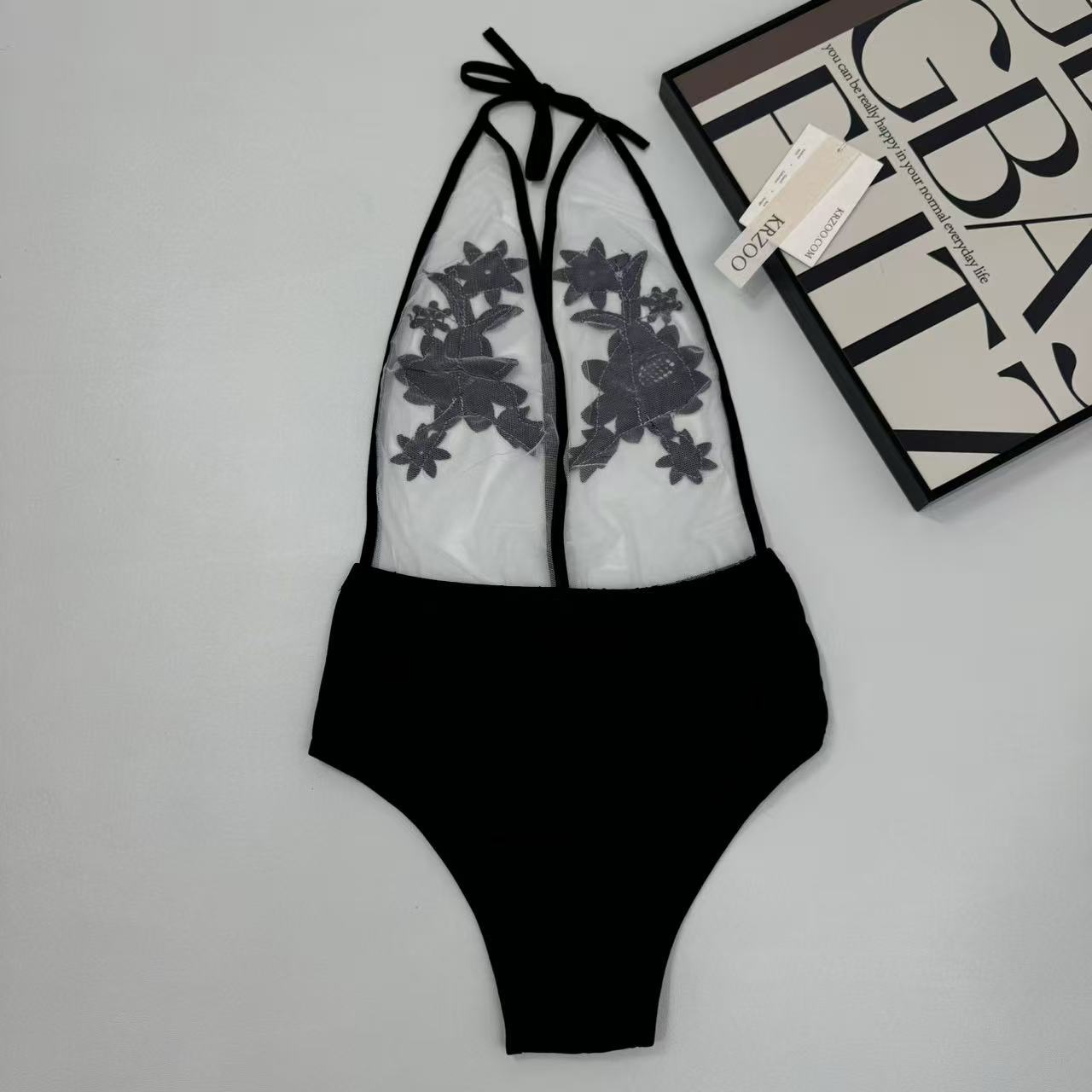 Embroidered rose flower one-piece swimming suit