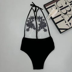Embroidered rose flower one-piece swimming suit