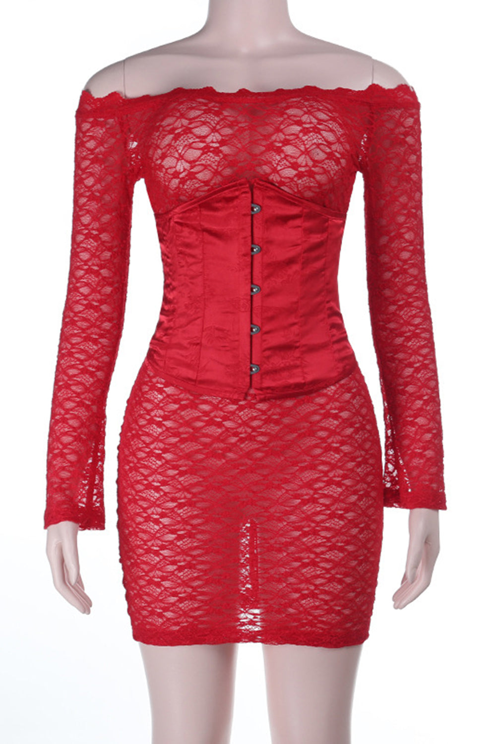 Off Shoulder Long Sleeve Lace Corset Lace Up Mini Dresses-Red