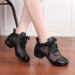 Women's Leather Mesh Lace-up 4cm Heel Dance Sneakers Practice Dance Shoes JazDance