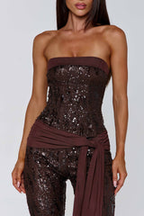Sequin Strapless Neckline Party Bodycon Crop Jumpsuit-Brown Pre Order