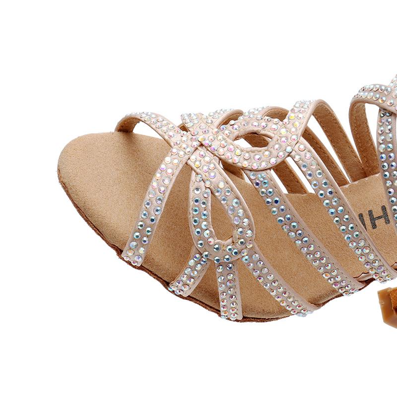 Women's Pink Satin Customized Heel Ballroom Rhinestones Strappy Dance Shoes