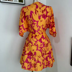 V-Neck Loose-Fit Batwing Sleeve Printed Dress