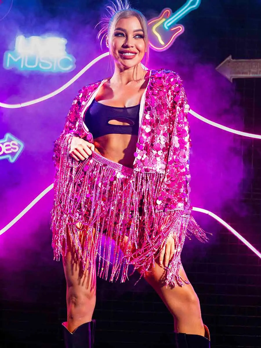 Fringed Pink Sequin Jacket Two-piece Set