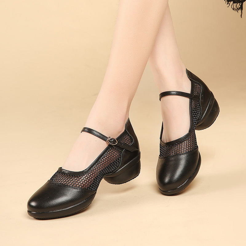 Women's Leather Mesh Lace-up 4cm Heel Dance Sneakers Practice Dance Shoes JazDance