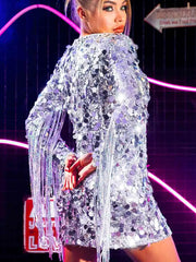 Fringe Long Sleeve Sparkly Silver Sequin Dresses