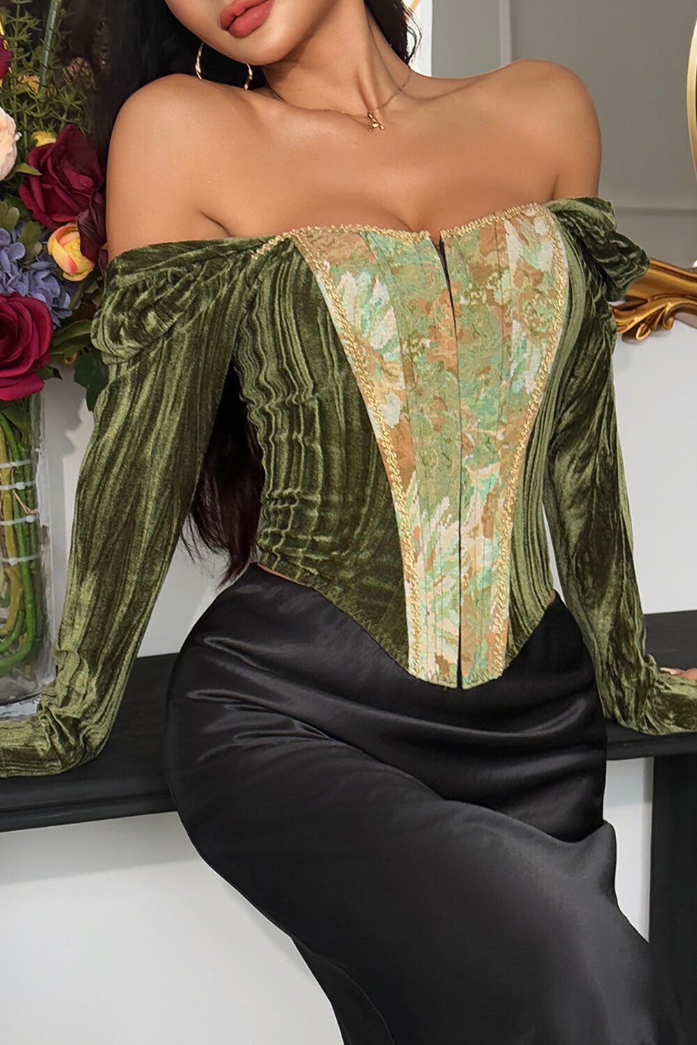 Floral Pattern Patchwork Velvet Long Sleeve Corset-Green