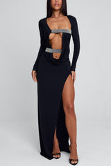 Deep V Neck Cut Out Ruched High Slit Party Maxi Dresses-Black Pre Order