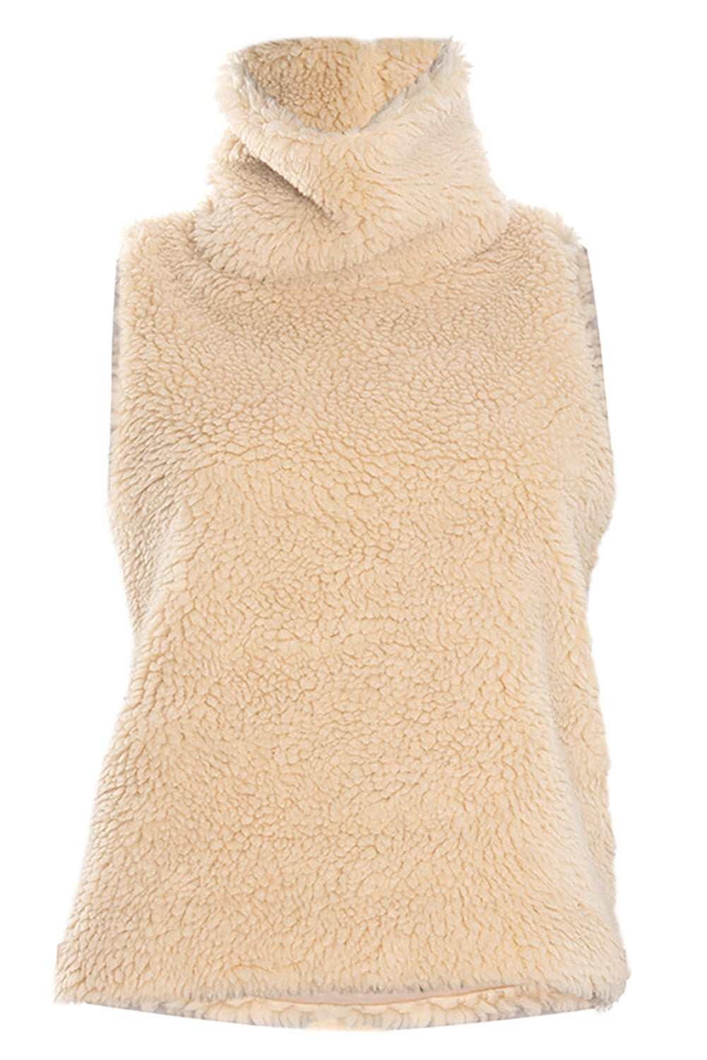 Furry Turtleneck Sleeveless Solid Color Casual Vest-Beige