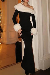 Fuzzy Patchwork Off Shoulder Slim Fit Colorblock Maxi Dresses-Black