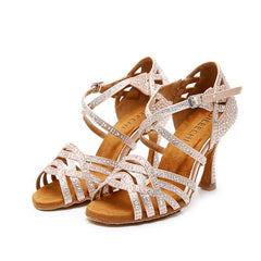 Women's Pink Customized Heel Satin Rhinestones Strappy Dance Shoes