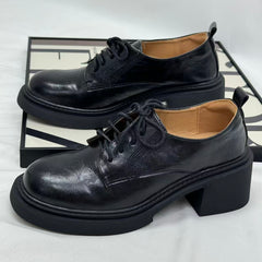 Heeled lace-up round-toe small leather shoes