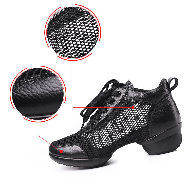 Women's Leather Mesh Lace-up 4cm Heel Dance Sneakers Practice Dance Shoes JazDance