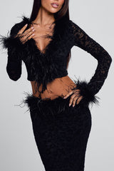 V Neck Crop Top Feather Trim Maxi Skirt Velvet 2pcs Set-Black Pre Order