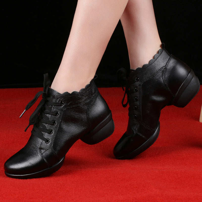 Women's Leather Lace-up 4cm Heel Dance Sneakers Practice Dance Shoes JazDance
