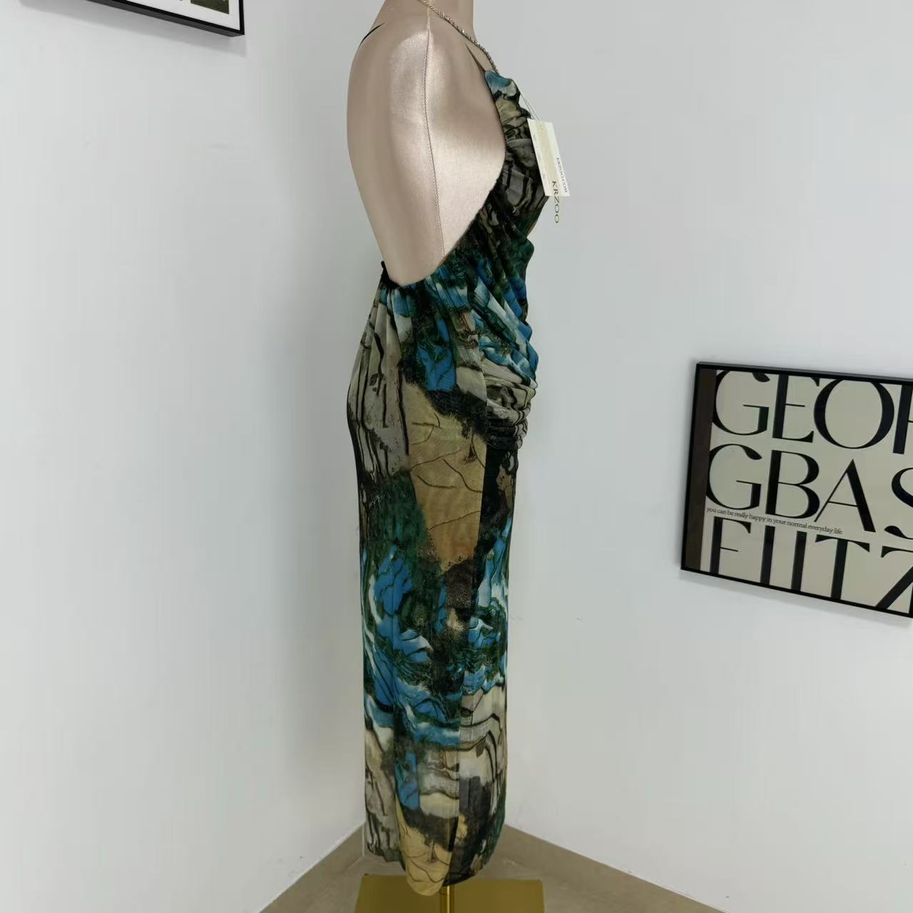 Printed silk net halter top dress