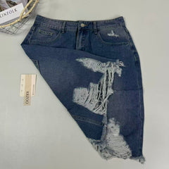 Ragged-edge and tear-damaged half-length skirt