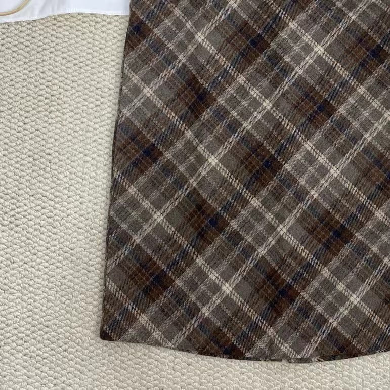 High-Waisted Plaid Wool Midi Skirt