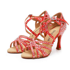 Women's Red Customized Heel Strappy Dance Shoes With Crystals