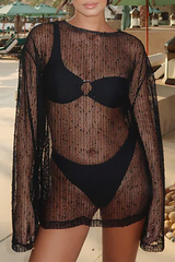 Knit Round Neck Long Sleeve Bikini Cover Ups Top White