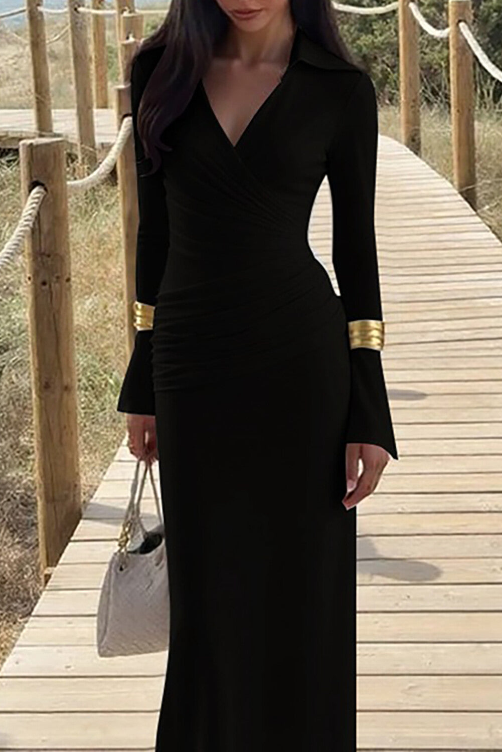 V Neck Long Sleeve Ruched Solid Color Slim Fit Maxi Dresses-White