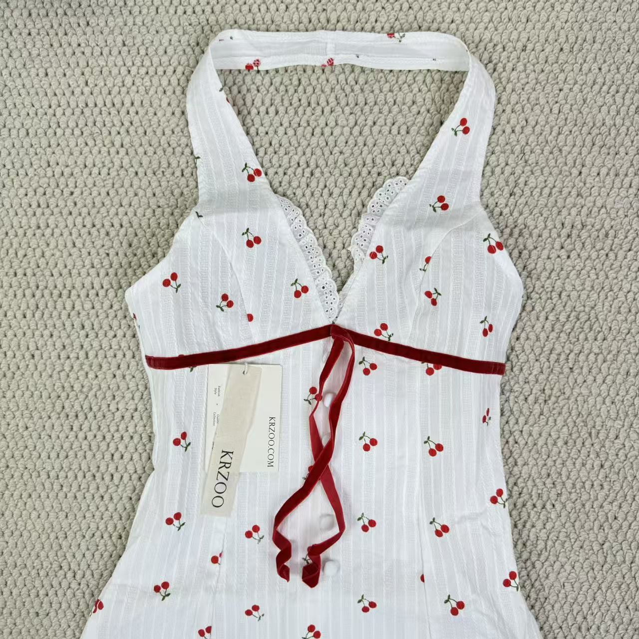 Deep V button-down backless cherry-neckline dress