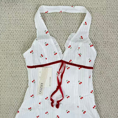 Deep V button-down backless cherry-neckline dress