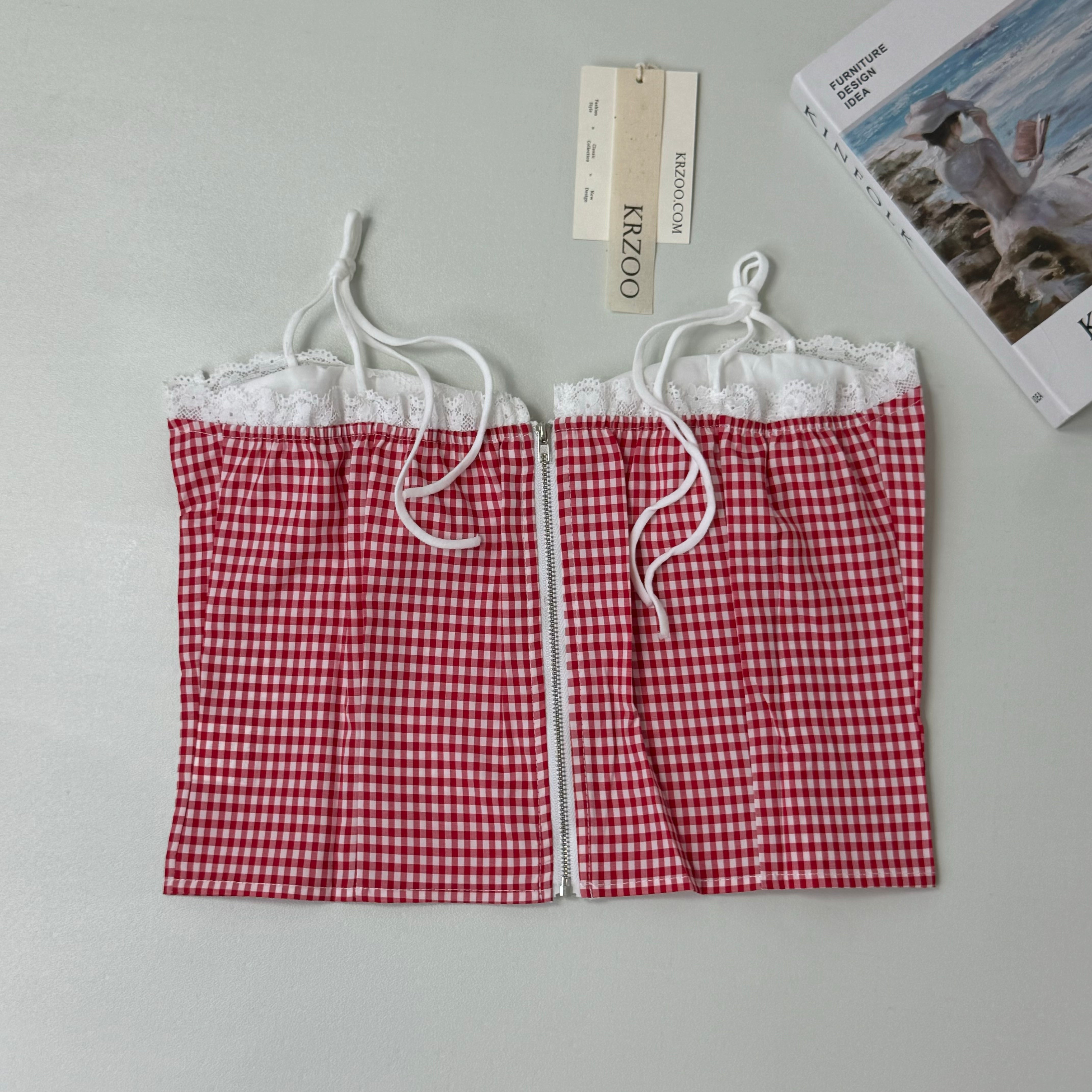 Plaid lace patchwork short bandeau top