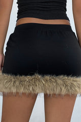 Faux Fur Patchwork Bodycon Tie Up Low-Rise Mini Skirt-Black