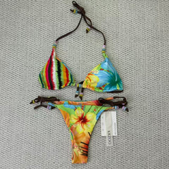 Tropical flower print beaded strapless bikini