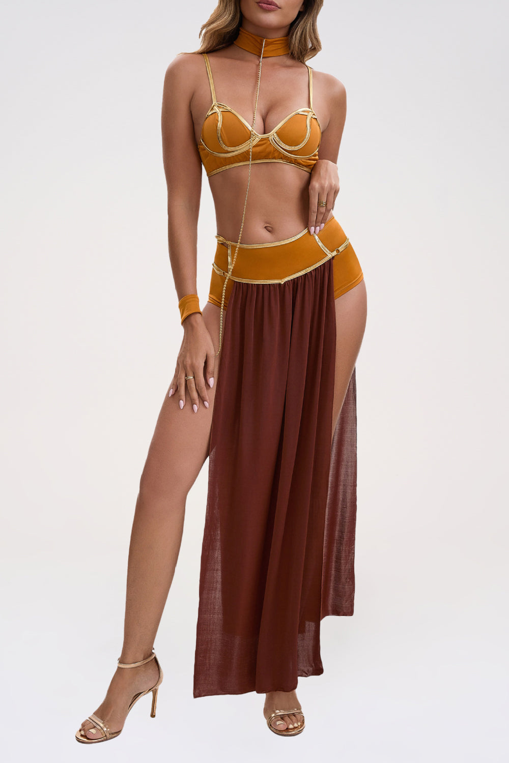 Cami Bra Colorblock Mesh Patchwork High Slit Maxi Skirt Set-Orange