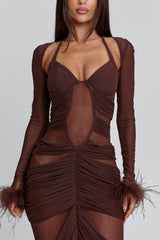 Feather Hem Bolero Halter Mesh Maxi Skirt Party 2pcs Set-Brown Pre Order