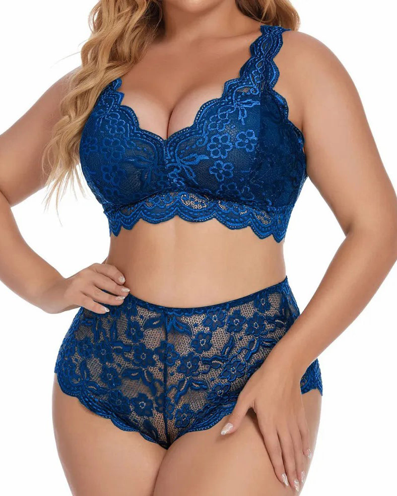 Sexy Plus Size Lace Bralette & High Waist Panty Set