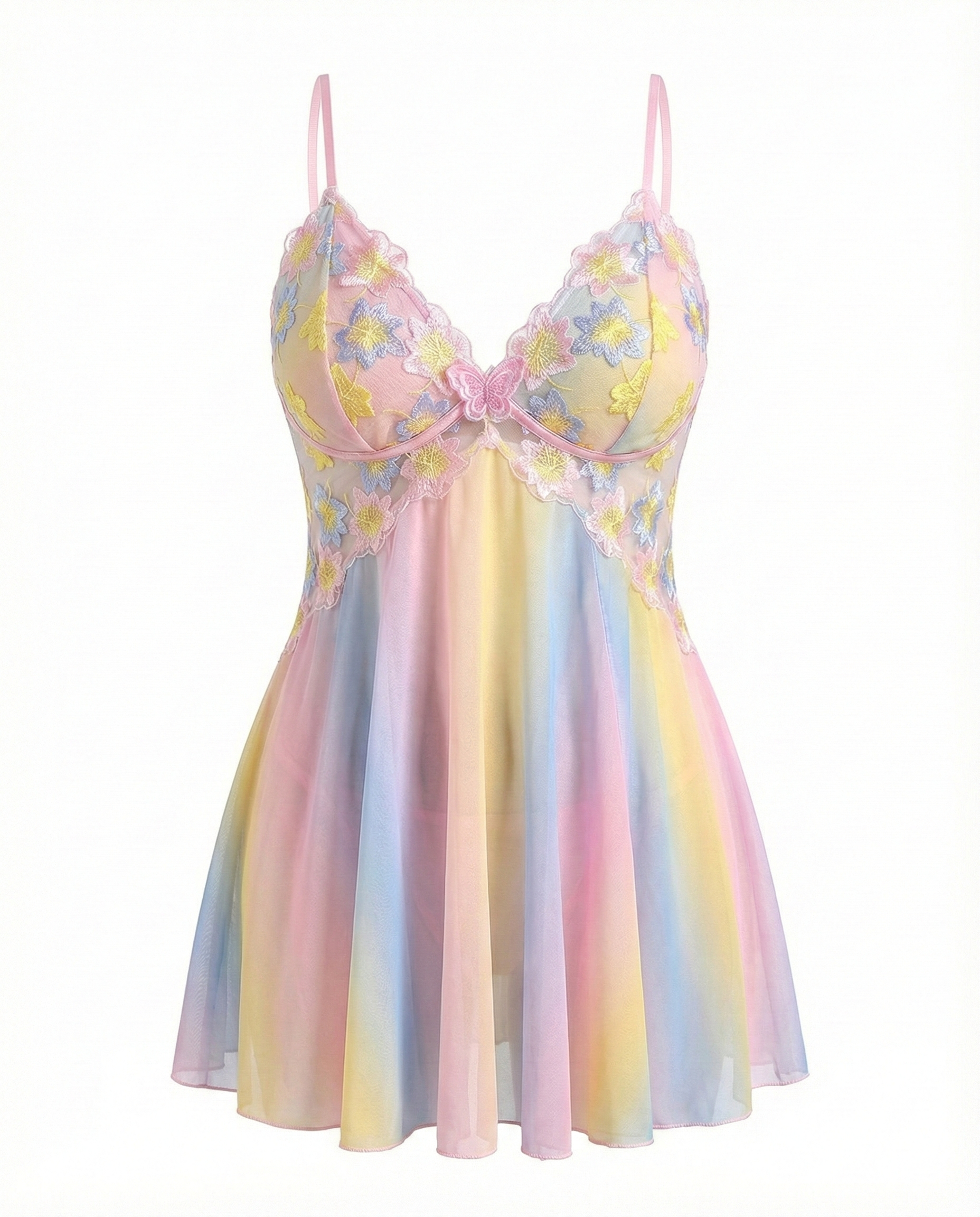 Plus Size Rainbow Ombre Camisole Nightgown â€?Backless & Floral Mesh Design