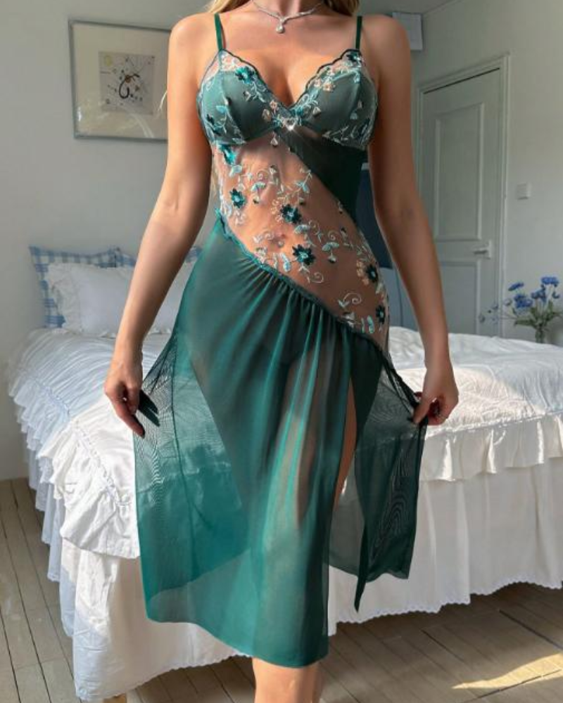 Sexy Sheer Mesh Nightgown â€?Floral Embroidery Babydoll