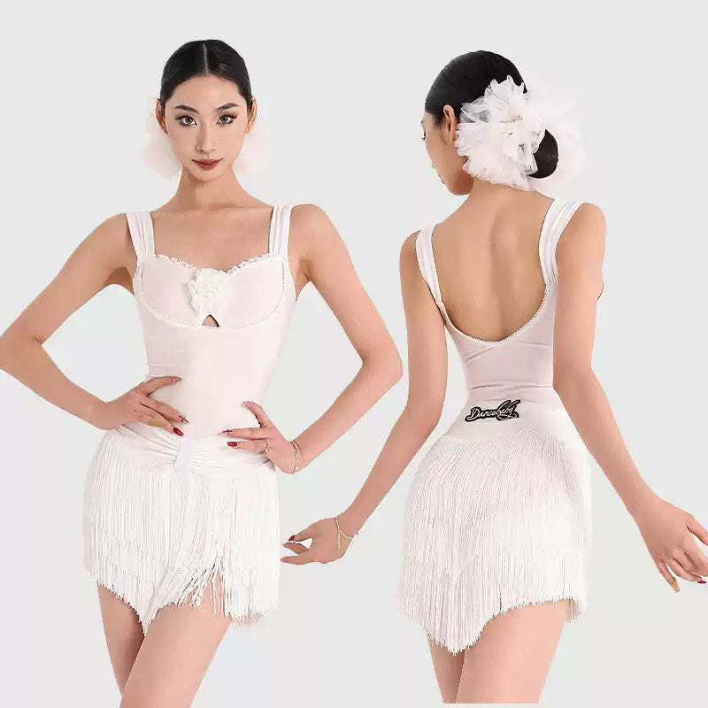 Women's White Tassel Latin Dance Srt Training Performance Srts Dance Wear
