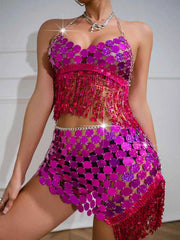 Women's Pink Sparkly Tassel Bra Sequin Disc Mini Skirt Set