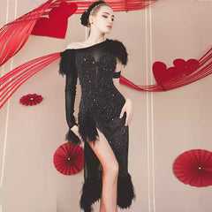 YJFY Women's Black Latin Dance Dress Dance Wear Training Performance Dress